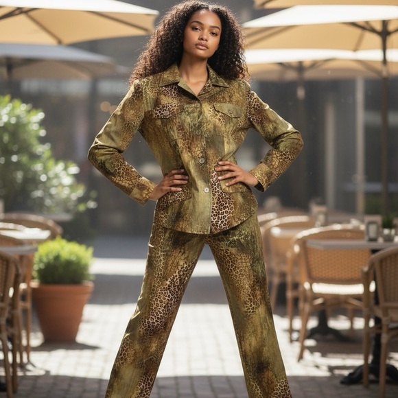 Andre Oliver Vintage Brown Animal Leopard Print Button Front Pantsuit 10 - Picture 1 of 11